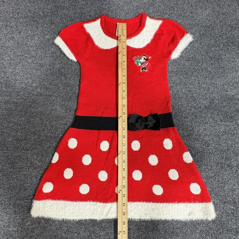 Disney Sweater Dress Girls 6 Red Minnie Mouse Polka Dot Knit Bow Christmas